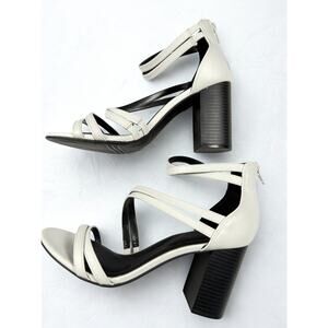 White Strappy Block Heel Sandals Ankle Zip Womens 8 Comfort Cushion